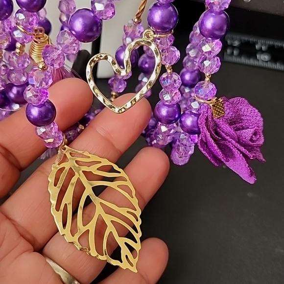 Hand Made Set of 7 Purple Crystal Glass Bracelets with Gold Charms Semanario - Picture 5 of 7